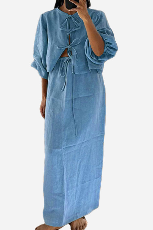 100% Cotton Long-sleeve Crop Top Maxi Skirt Set