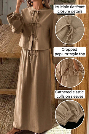 100% Cotton Long-sleeve Crop Top Maxi Skirt Set