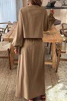 100 cotton long-sleeve crop top and maxi skirt set in brown natural fabric