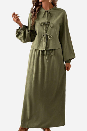 100% Cotton Long-sleeve Crop Top Maxi Skirt Set
