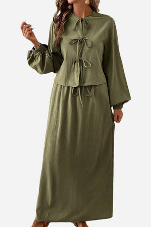 Olive green 100% cotton long-sleeve crop top and maxi skirt set with tie-front detail
