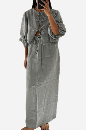 100% Cotton Long-sleeve Crop Top Maxi Skirt Set