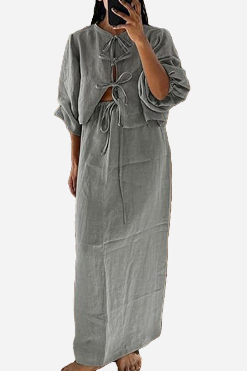 100% cotton long-sleeve crop top and maxi skirt set in grey with tie-front detail