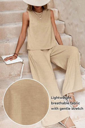Beige sleeveless wide leg pants set in lightweight breathable fabric with gentle stretch