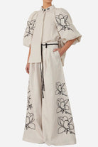 Dolce Vita Cotton Linen set with balloon sleeves and wide-leg pants featuring floral embroidery