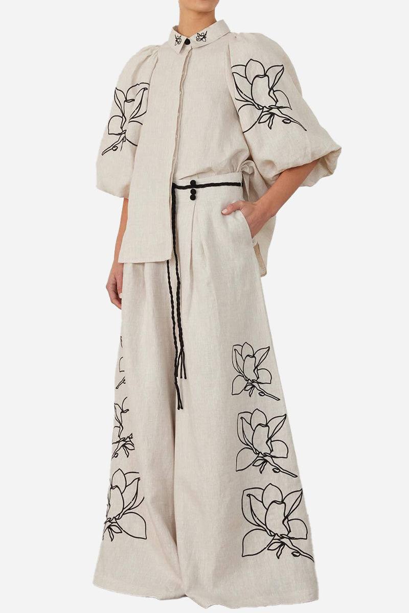 Dolce Vita Cotton Linen set with balloon sleeves and wide-leg pants featuring floral embroidery