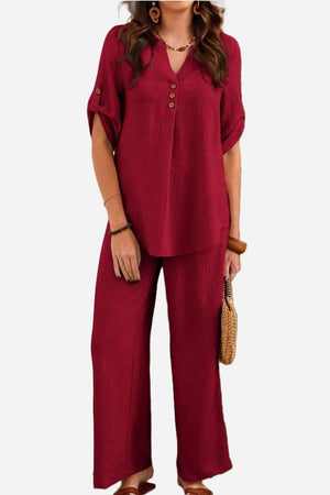 Women's wrinkle-free wide leg pants and button-front top set in burgundy for comfortable, elegant travel wear