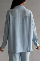 Light blue relaxed fit wide-leg two-piece set in wrinkle-resistant fabric perfect for travel and casual outings