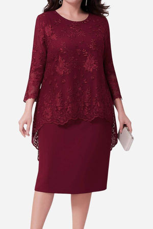 Elegant lace detailed burgundy two-piece evening dress with embroidered top and fitted skirt