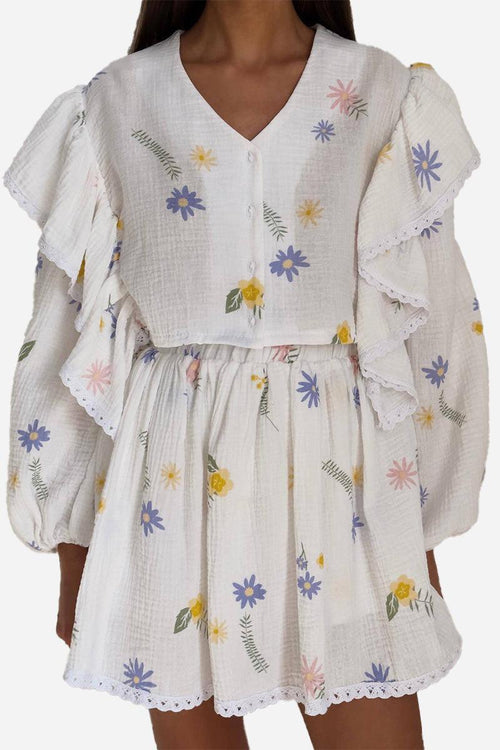 Sweet Countryside 100% cotton two-piece set with floral print and ruffled details