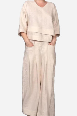 Atelier Serenity Layered Two-Piece Set beige relaxed fit layered V-neck top and wide-leg trousers