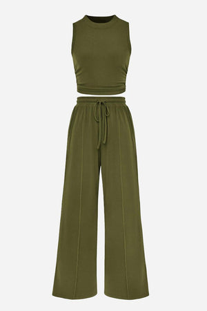Olive green Stroll & Hangout Ribbed Knit two-piece set with sleeveless crop top and wide-leg pants