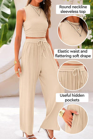Woman wearing beige Stroll & Hangout Ribbed Knit two-piece set with sleeveless round neckline top and wide-leg pants with elastic waist and pockets