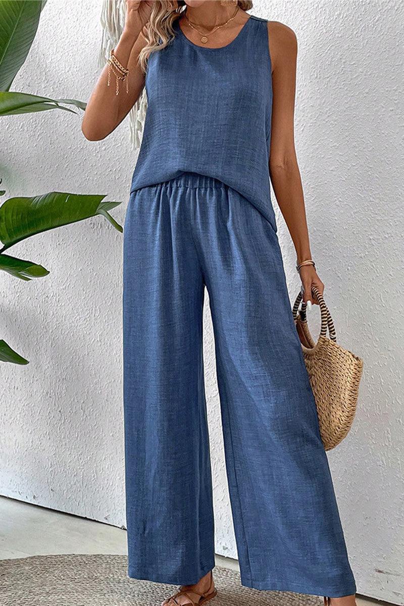 Dreamcatcher Crochet-Back sleeveless top and wide-leg pants set in blue linen-look fabric with crochet mandala back detail