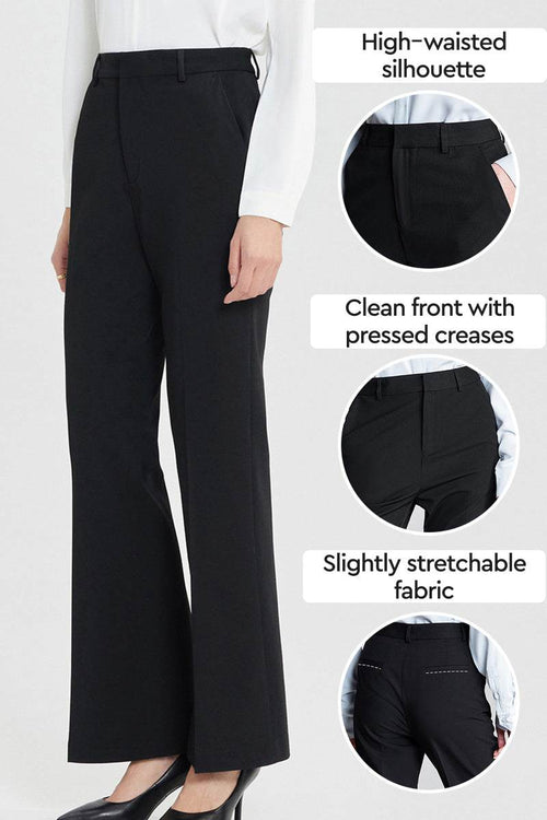 Black retro stretch trousers with high-waisted silhouette, clean pressed creases, and slightly stretchable fabric for professional wear
