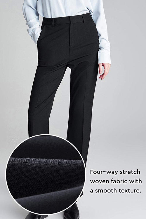 Black professional retro stretch trousers with high waist and straight-leg fit showing four-way stretch fabric texture