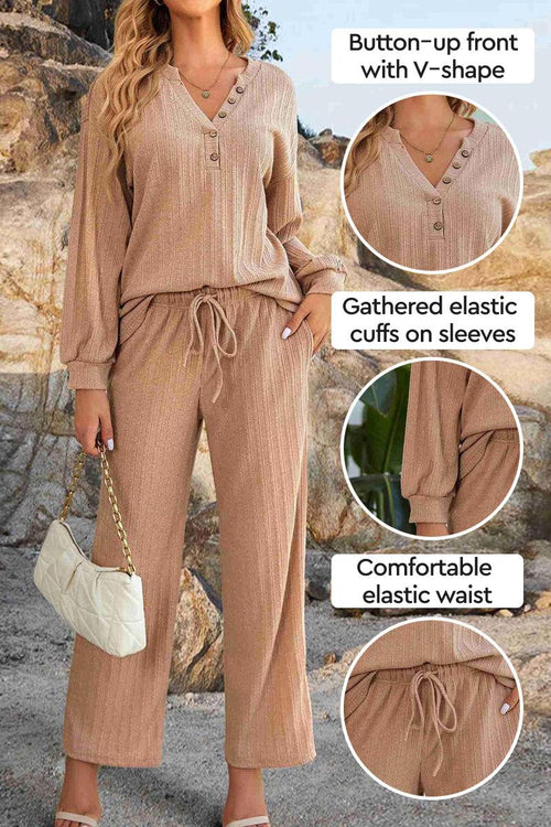 Desert Bloom Ribbed Comfort Set with button-up V-neck, elastic cuffs, and drawstring waist in beige ribbed fabric
