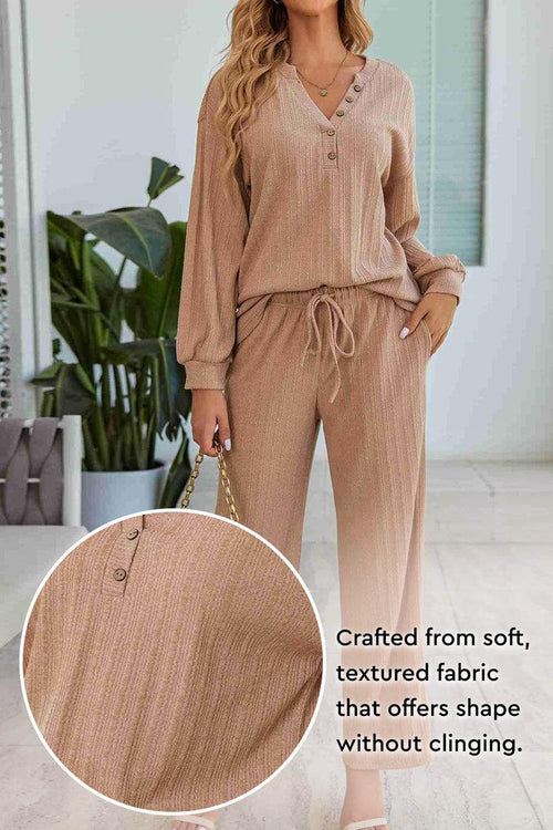 Woman wearing Desert Bloom Ribbed Comfort Set in soft textured beige ribbed fabric with button detail and drawstring pants.