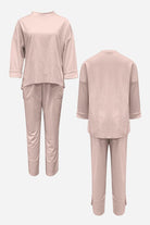Minimalist light pink two-piece set with crew neck sweatshirt and jogger pants for casual comfort