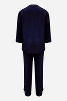 Back view of MILANO Comfort & Confidence navy two-piece set with sweatshirt and jogger pants in wrinkle-resistant polyester.