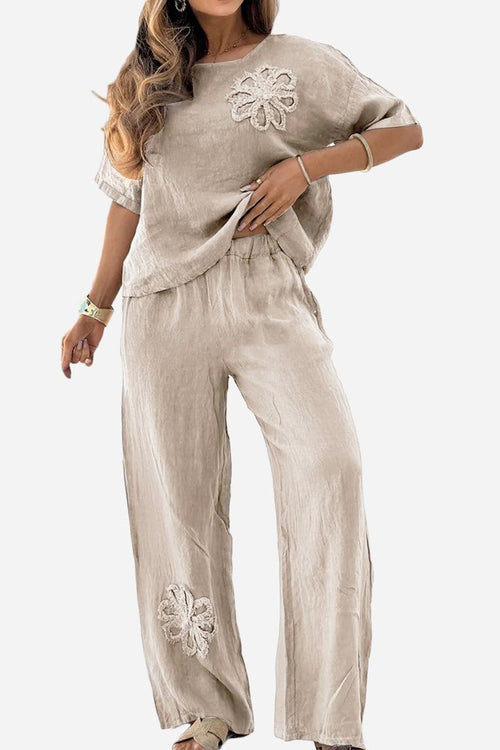 Beige breathable two piece set with floral embroidery and relaxed fit for effortless style