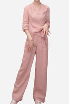 women's breathable cotton-linen pink wrap top and wide leg pants set