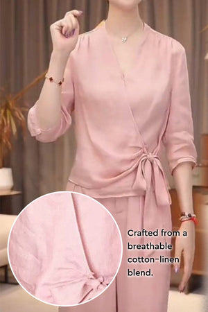 Breathable cotton-linen wrap top and wide leg set in soft pink with adjustable tie detail for comfortable, stylish wear.