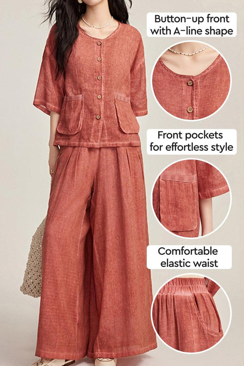100% linen stone-washed set with button-up A-line top, front pockets, and wide-leg pants with elastic waist in muted sunset color
