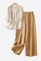 Cotton linen blend golden hour set with embroidered V-neck top and high-waisted wide-leg pants