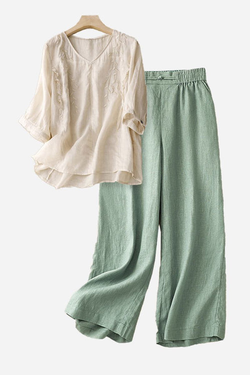 100% cotton linen blend golden hour set with embroidered V-neck top and high-waisted wide-leg pants