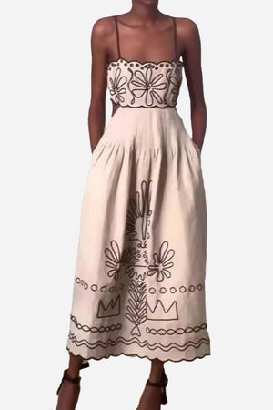 Artisan embroidered bohemian scallop edge maxi dress with floral and geometric patterns