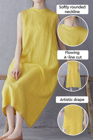 Sunrise Market 100% linen midi dress in yellow with softly rounded neckline, flowing A-line cut, and artistic drape.