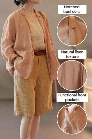 Peach linen jacket shirt with notched lapel collar, natural linen texture, and functional front pockets.