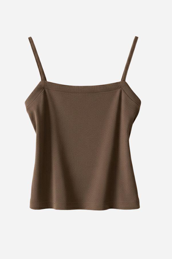 Soft Mornings brown breathable tank top with slim straps, part of wrinkle-free shirt and shorts set