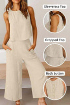 Villa Lounge Linen Set sleeveless cropped top and wide-leg pants in beige with back button detail