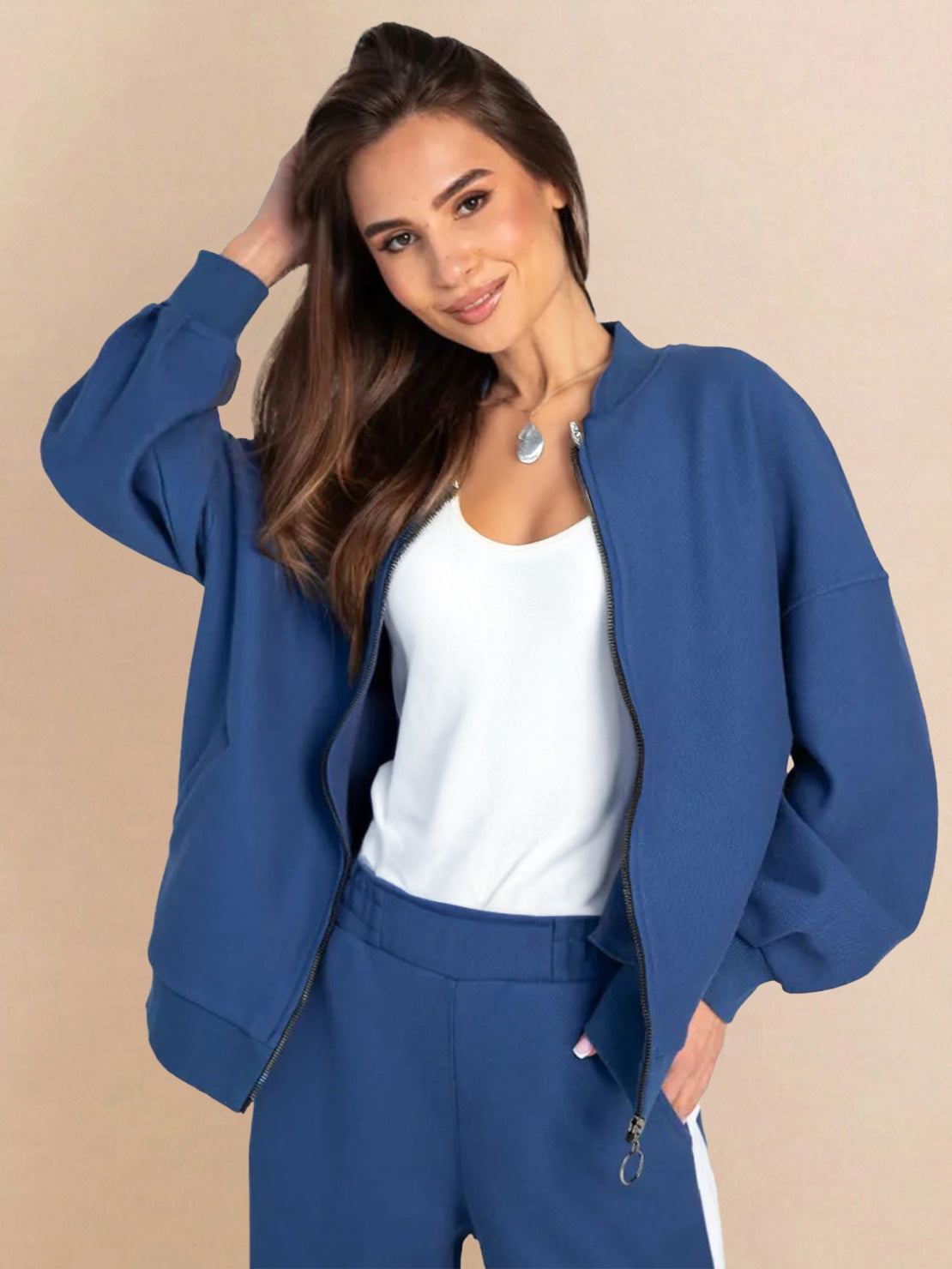 Easy Airport Lounge Set two-piece relaxed travel outfit with zip-front jacket and wide-leg pants in soft cotton-blend fabric
