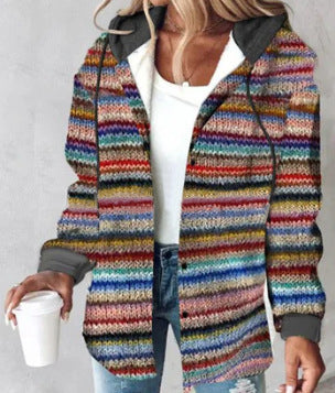 Highland Plaid Shacket with colorful knit pattern, hood, and relaxed fit, perfect for cozy layering