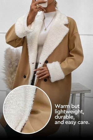 Nordic Warmth shearling-lined coat with soft faux shearling trim, lightweight and warm beige winter jacket for women