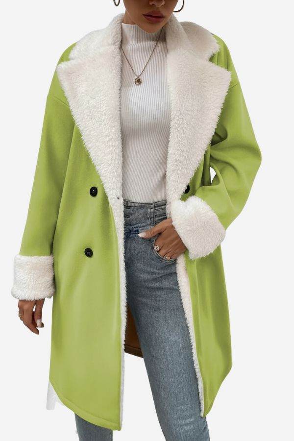 Nordic Warmth Shearling-Lined Coat in green with white faux shearling trim, double-breasted tailored style, worn over white turtleneck and jeans