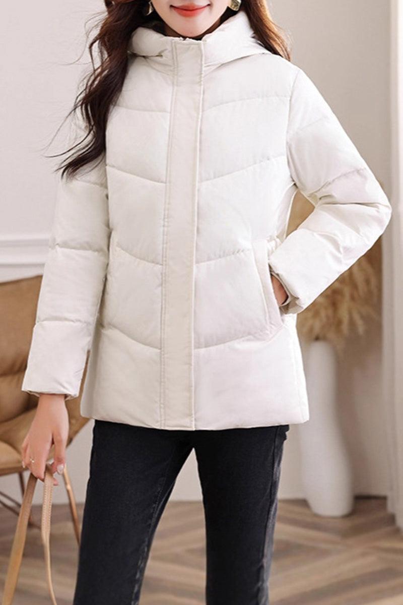 White Everyday Warmth mid-length hooded coat with 5-layer thermal insulation and relaxed fit