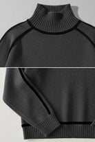 dark gray Zero Itch Turtleneck Sweater with slimming contrast trim and soft knit fabric