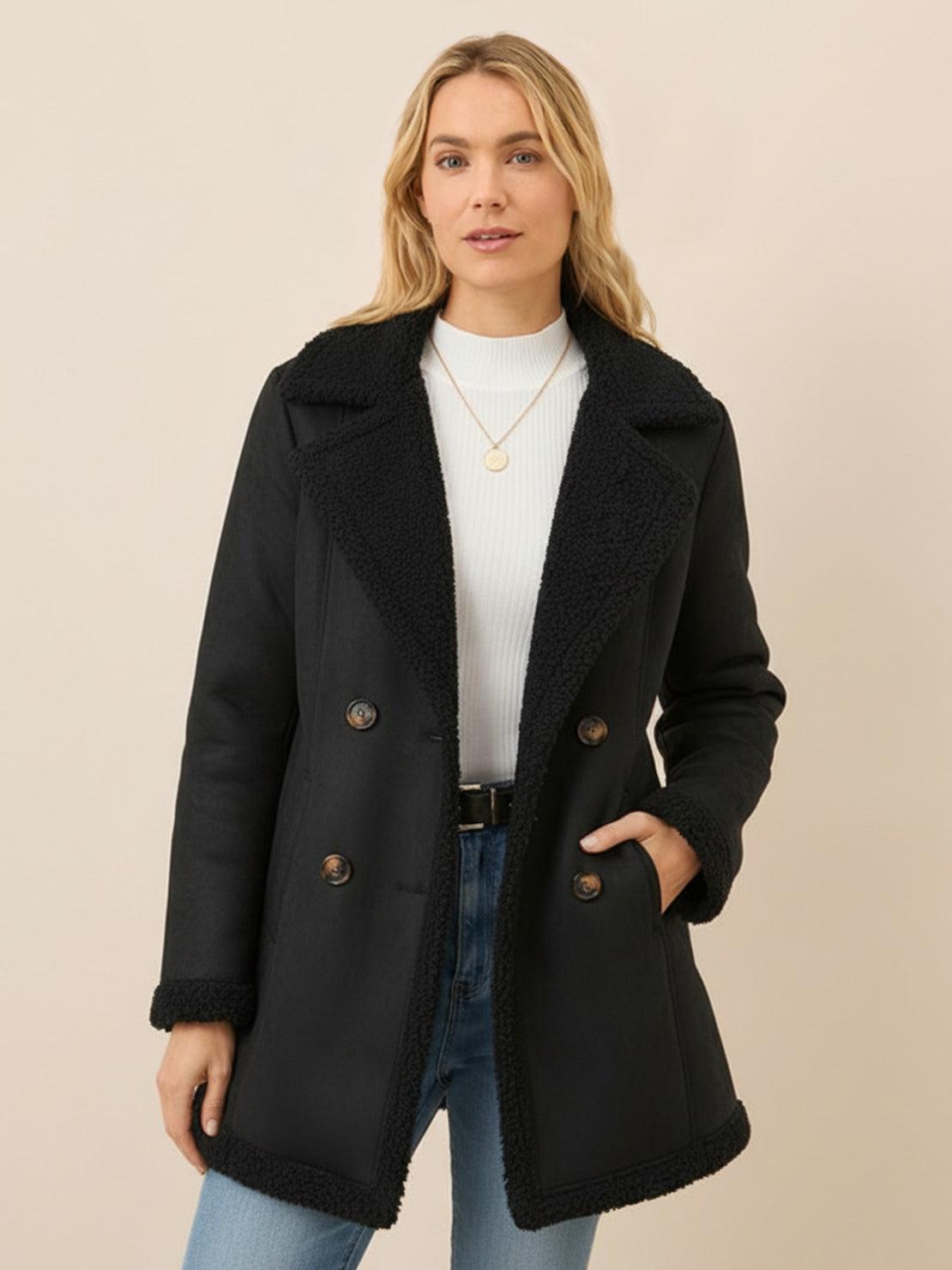 Lightweight faux suede sherpa coat with contrast trim and mid-thigh length for transitional weather