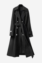 Black timeless retro belted trench coat with double-breasted design and wide lapels