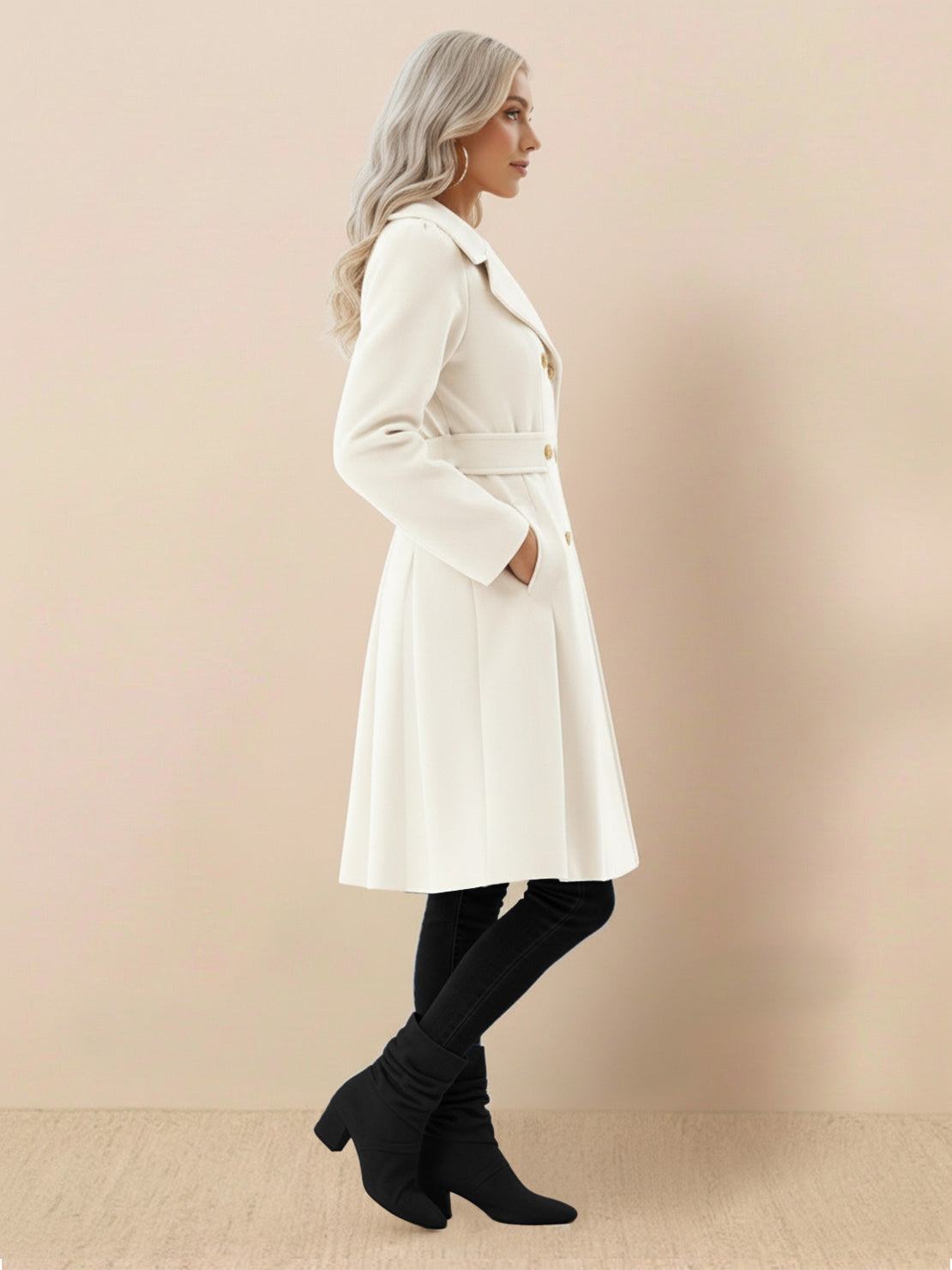 Tailored fit & flare trench coat with A-line silhouette and double-breasted buttons