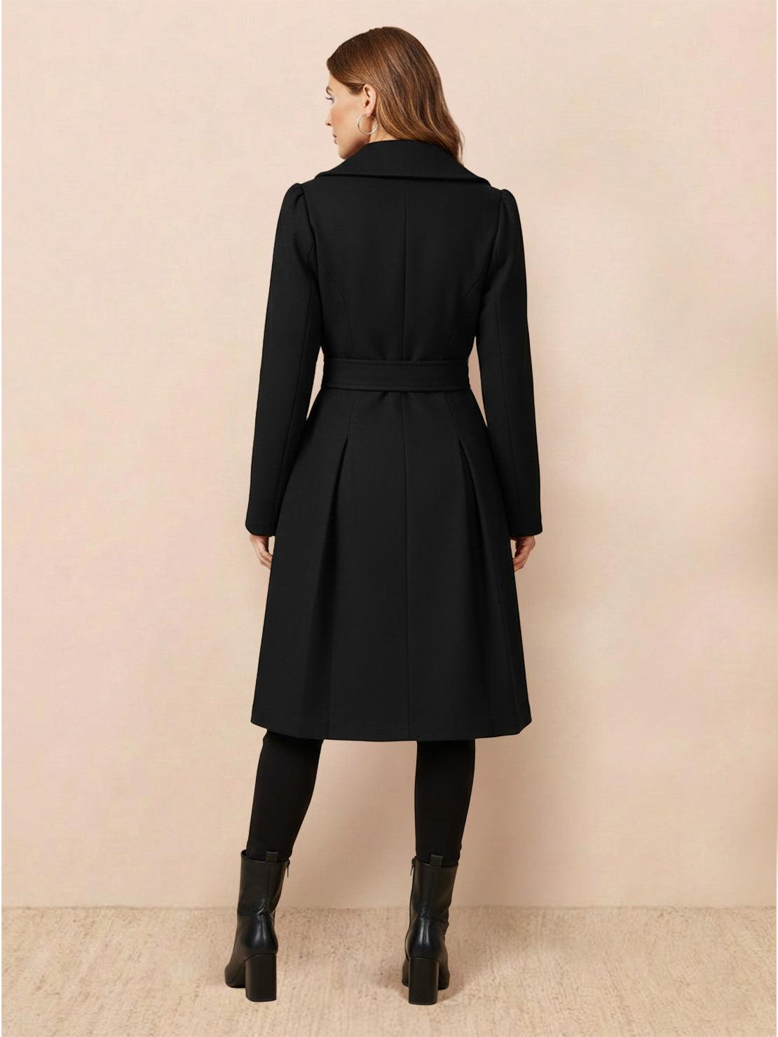 Tailored fit & flare trench coat with double-breasted buttons and pleated A-line hem in smooth non-wool fabric