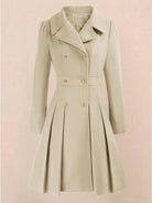 Tailored fit and flare trench coat with A-line silhouette, double-breasted buttons, and smooth lining