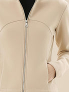 Women wearing gray Nano-Fleece Zip Two-Piece Set with zip jacket and wide-leg pants