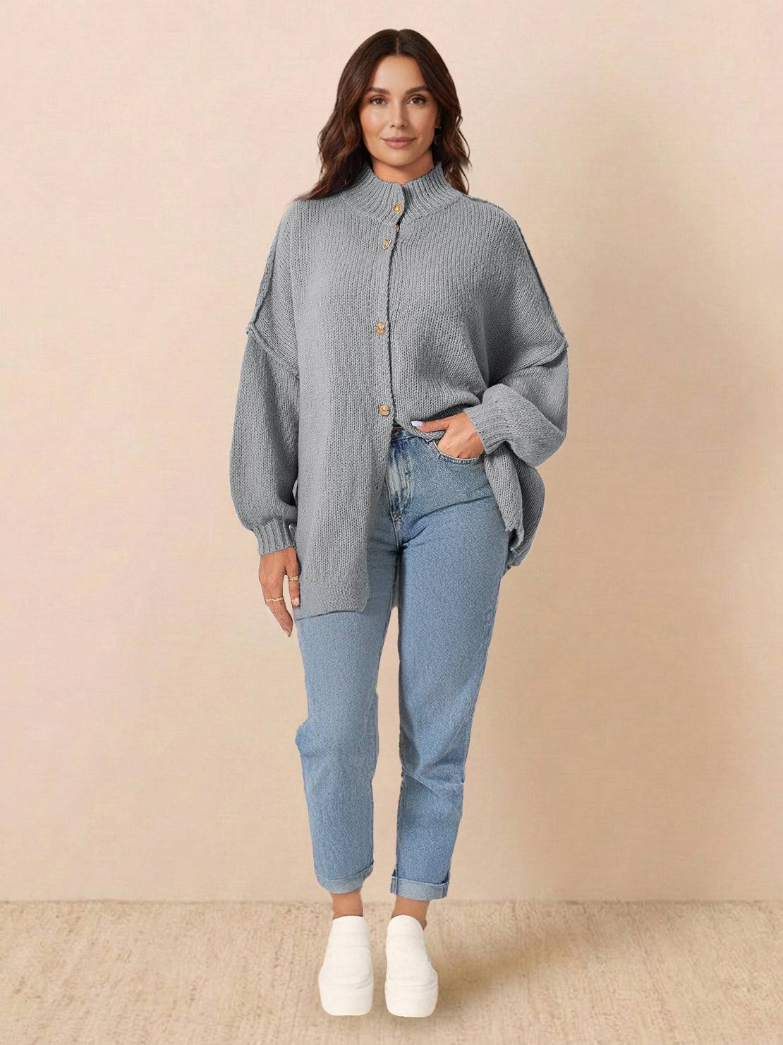 Oversized button-front knit cardigan with balloon sleeves and gold buttons