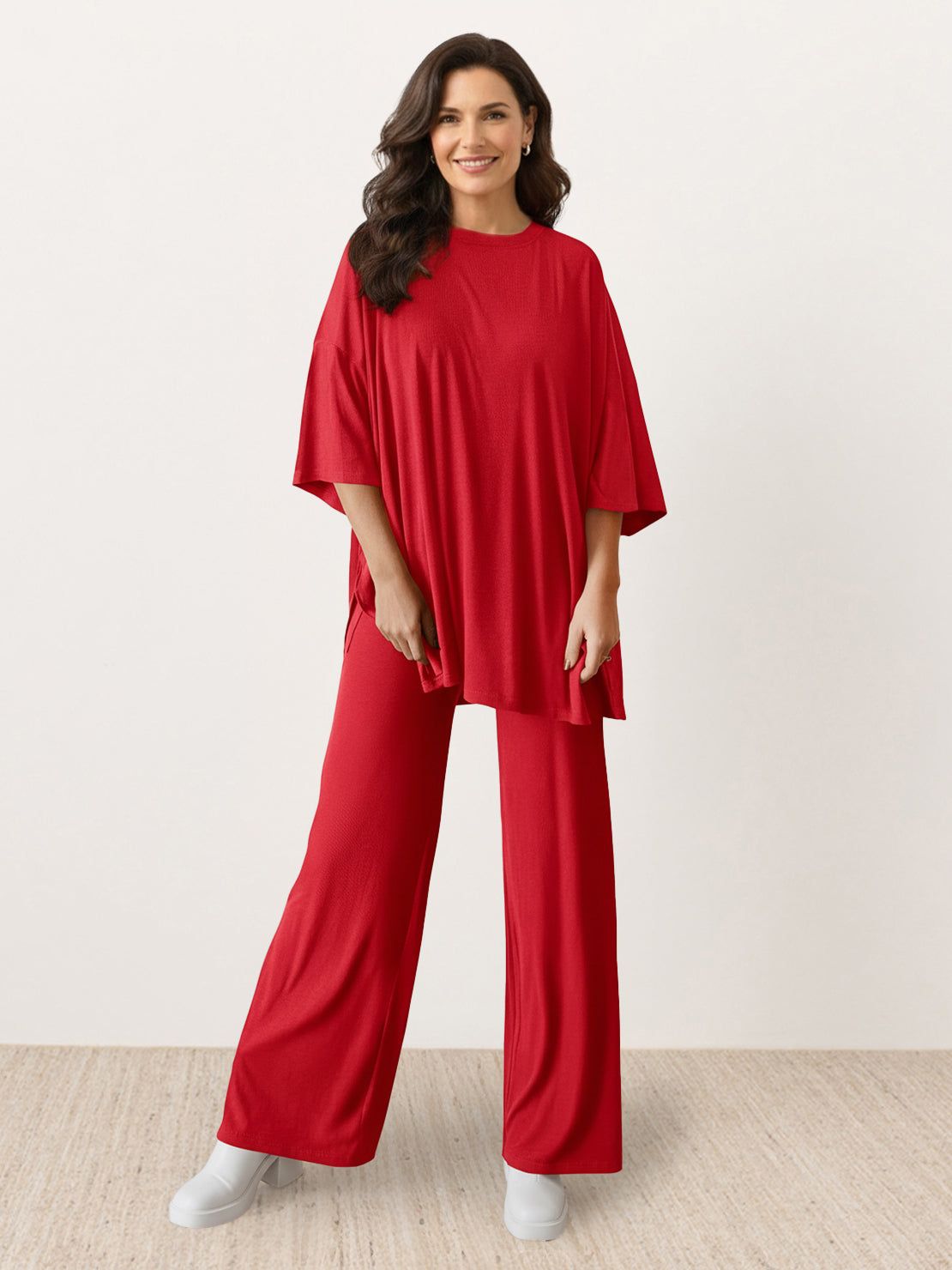 Oversized long-line loungewear set with short-sleeve pullover and straight-leg pants in soft knit fabric