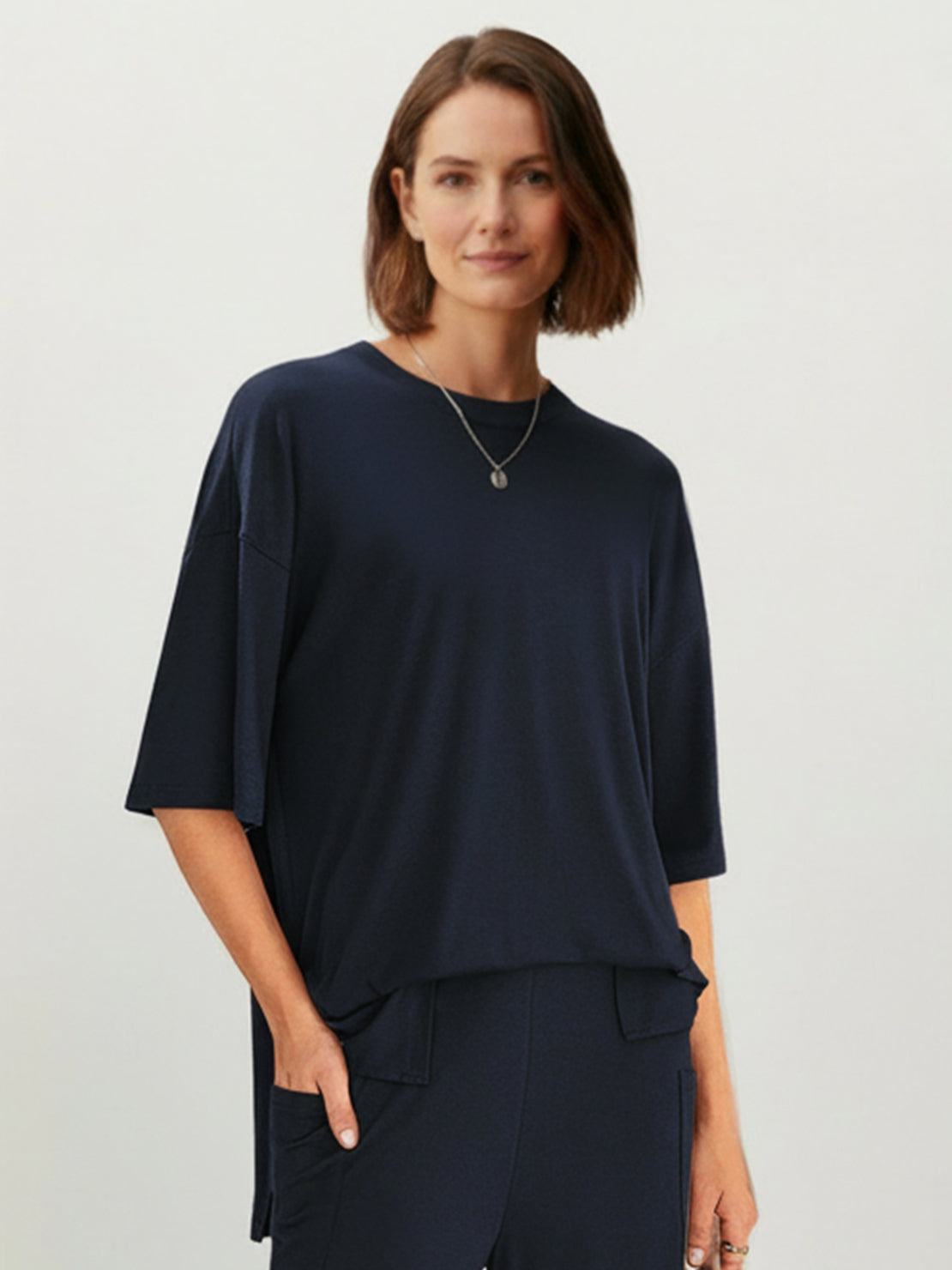 Oversized long-line loungewear set with pullover and wide-leg pants in soft knit fabric